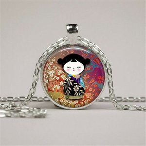 geisha doll Japan necklace cabochon dome kawaii item black or silver chain